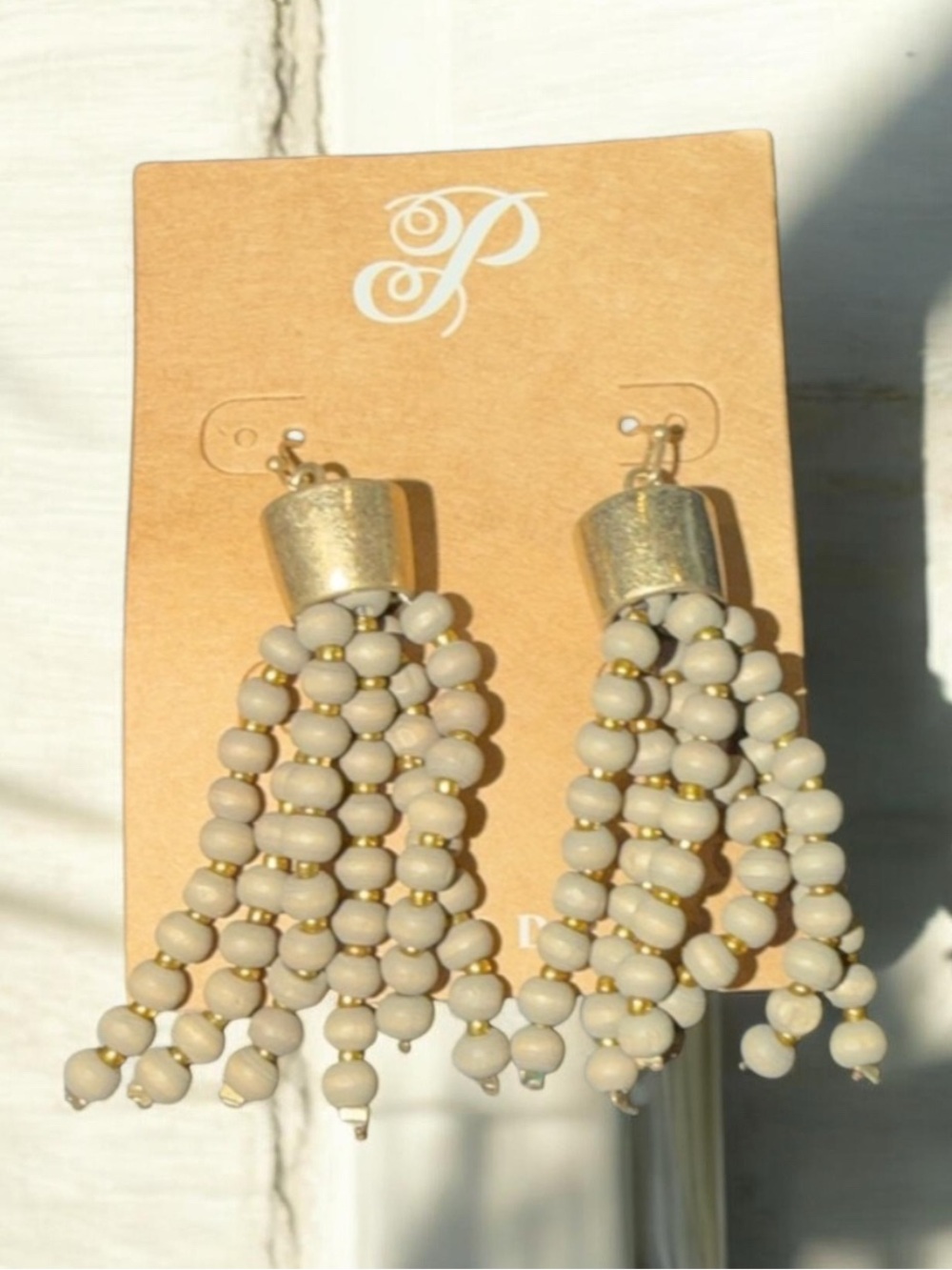 Plunder Taupe Beaded Tassel Earrings with Gold Cap Accent